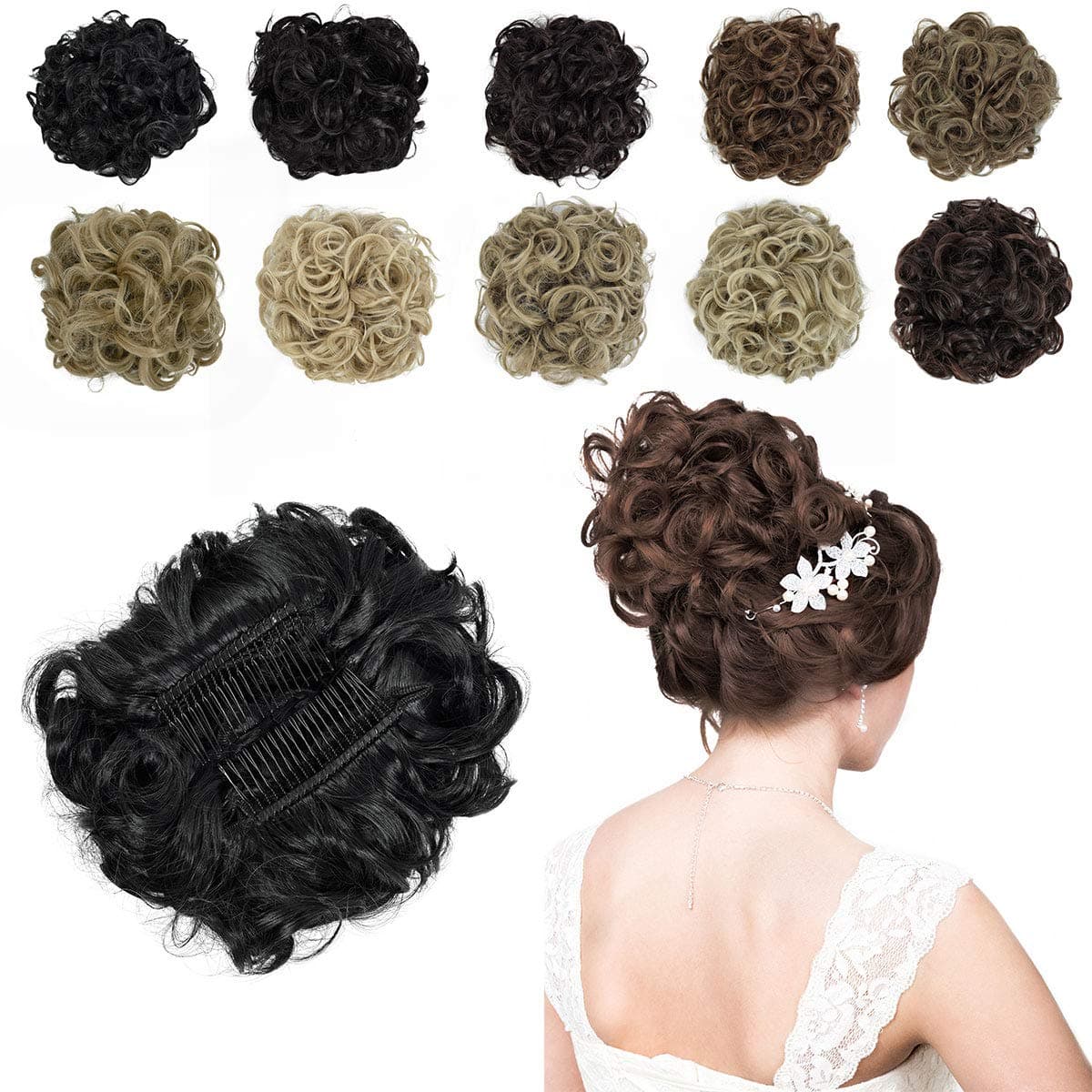Yamel Messy Bun Scrunchie Combs Clip in Curly Stretch Updo Hair Pieces for Women Dark Black