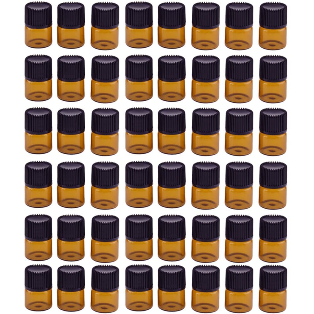 Halay 48Pcs 1ml Small Sample Dark Brown Glass Jars with Black Lids for Aromatherapy Essential Oil