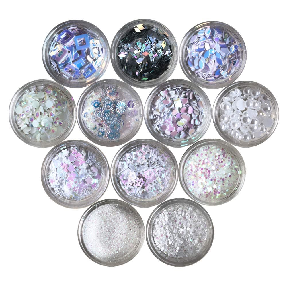 Nail Glitters Nail Art Flakes 12 Boxes Various Styles Chunky Cosmetic Glitter Hexagon Festival Sequins for Face Body Hair and Eye Make Up (White)