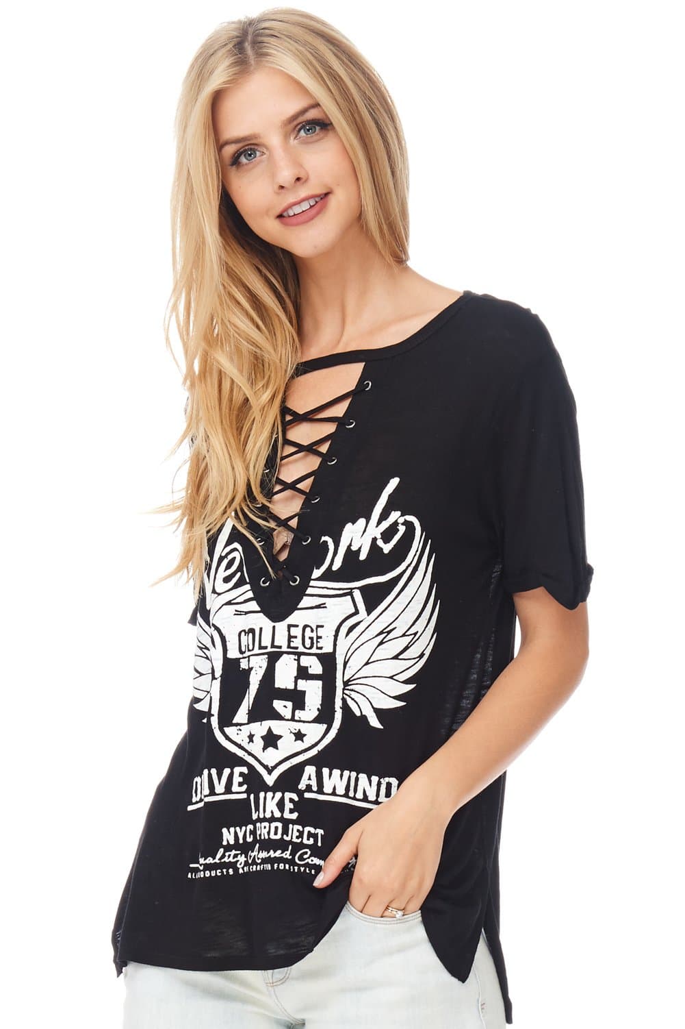 Julia Front Lace Up V Neck Printed Short Sleeve Graphic T Shirt Top Tunics Junior Sizes