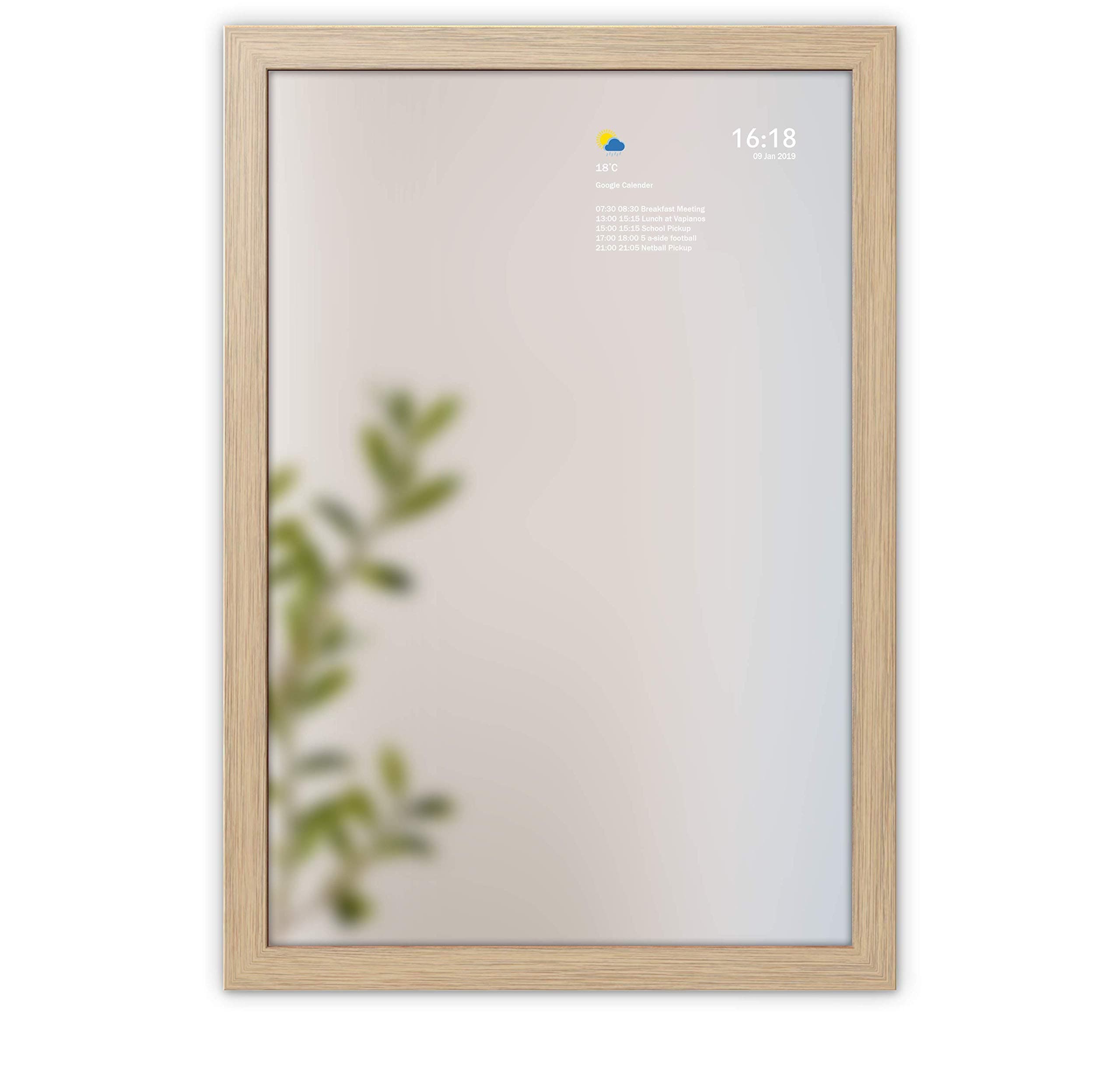Alexa Smart Mirror - Voice Controlled - Play Music/Video - Control Smart Home - Wall Hung Smart Mirror - Medium Size (Oak)