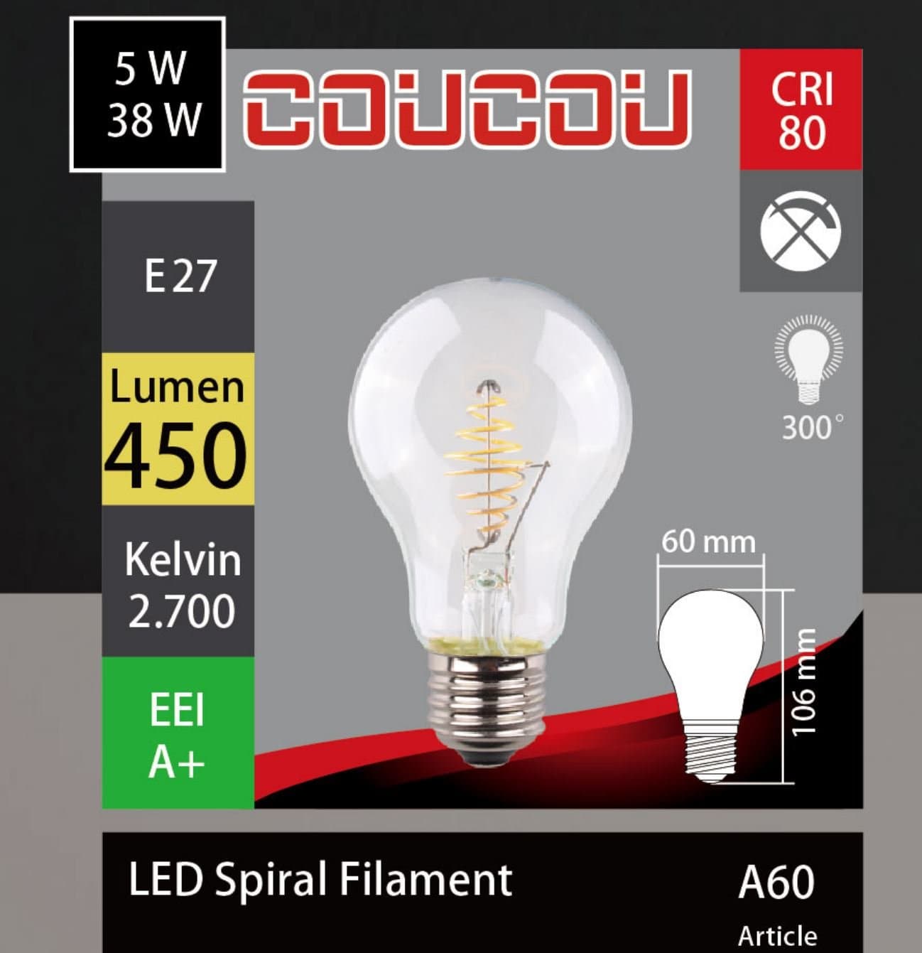 4 x COUCOU Vintage Edison LED A60 Filament Bulb E27 Spiral 400 lm 2700 K Energy Efficiency Class A+ (4x Classic) [Energy Class A+]