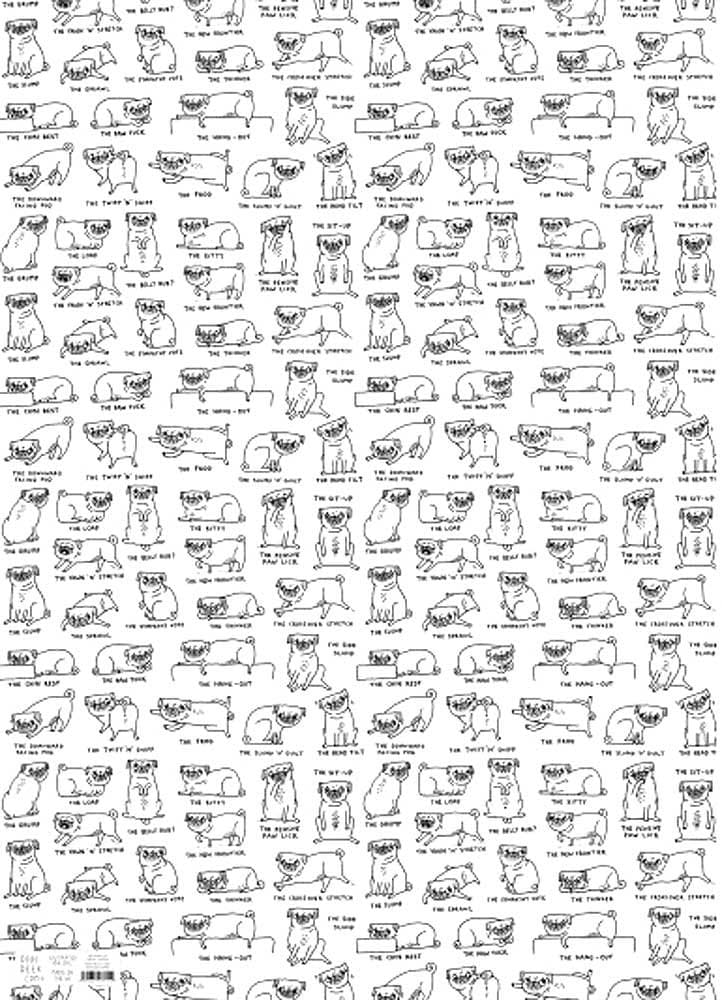 Pug Rolled Gift Wrap Paper"Pug Positions" 2 Sheets 19.6 in X 27.5 in