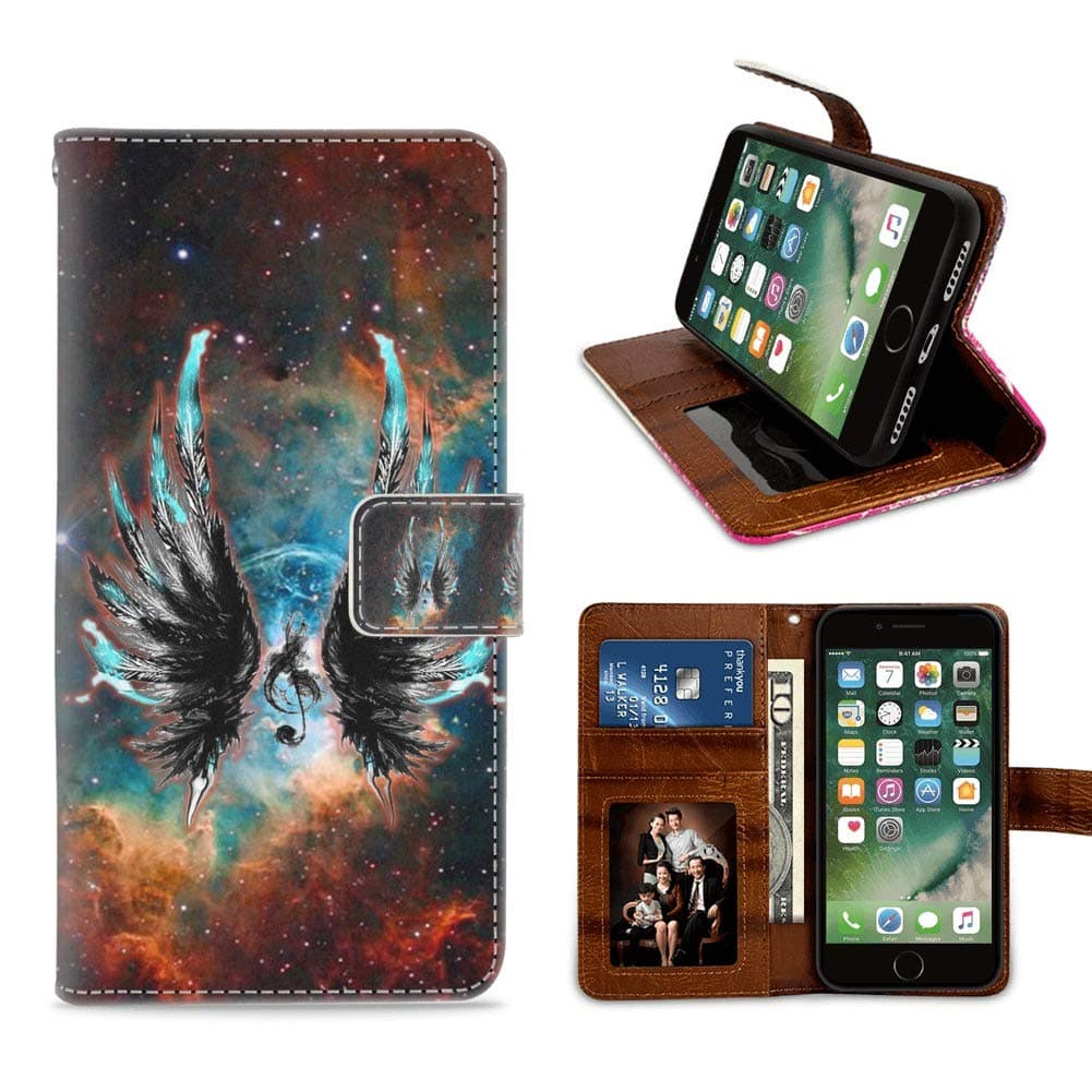 BLGMAN Premium PU Leather Wallet Case for iPhone 7/8 Plus, Black Wings Outerspace Flip Case Card Holder ID Slot and Hands Strap Cover Case