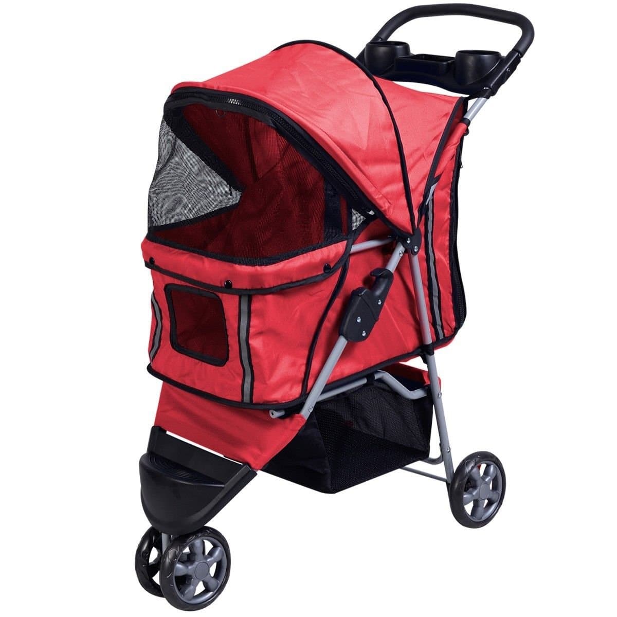 Pet Strollers Cat Dog 3 Wheels Stroller Travel Folding Easy Walk Carrier (Red)