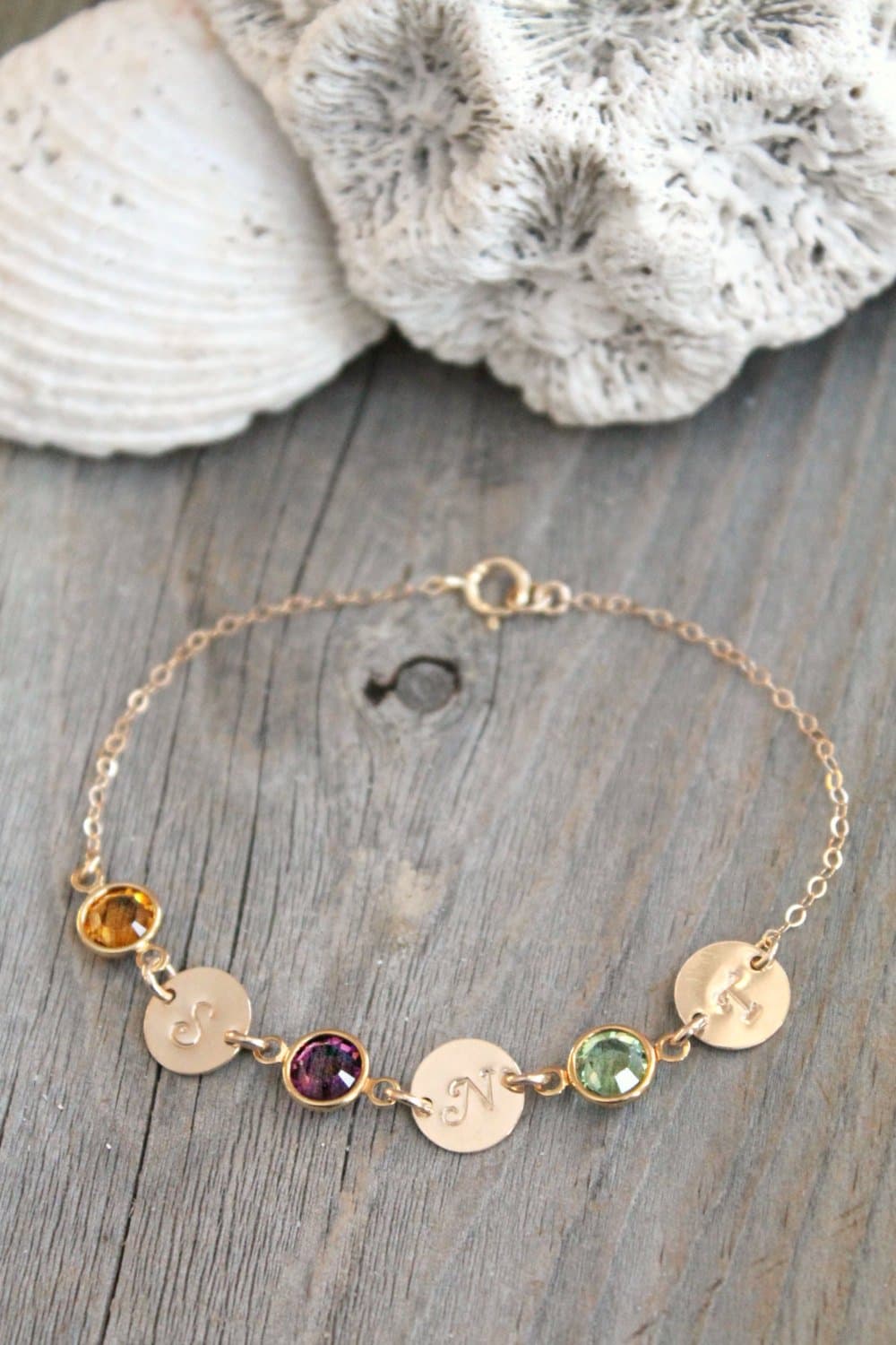 Personalized 14k gold filled initial bracelet, monogram, custom Stamped discs, Swarovski Birthstones, mother, grandmother, family bracelet