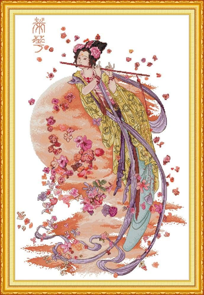 CaptainCrafts Hot New Stamped Cross Stitch Kits Preprinted Pattern and Counted White Fabric Embroidery Needlepoint Adults Kits for Home Decor Crafts Kit Playing the Flute Costume Beauty (Counted 14CT)