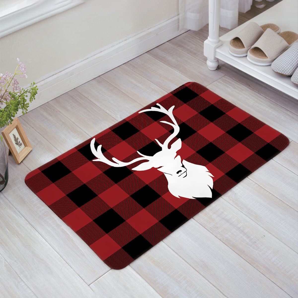 Libaoge Red Black Buffalo Check Plaid White Deer Head Doormat Welcome Mat Entrance Mat Indoor/Outdoor Door Mats Floor Mat Bath Mat 16x24in