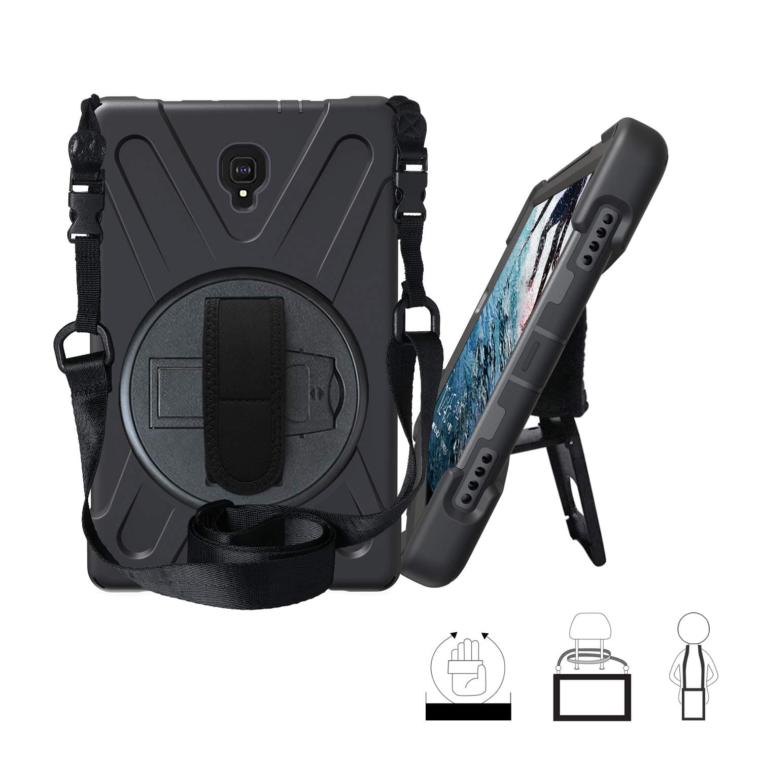 Zolten Stand and Removable Shoulder Strap 3 Layer Rugged Shock Proof Full Body Silicone Case for Galaxy Tab A-10.5 SM-T590/SM-T595 (Black)
