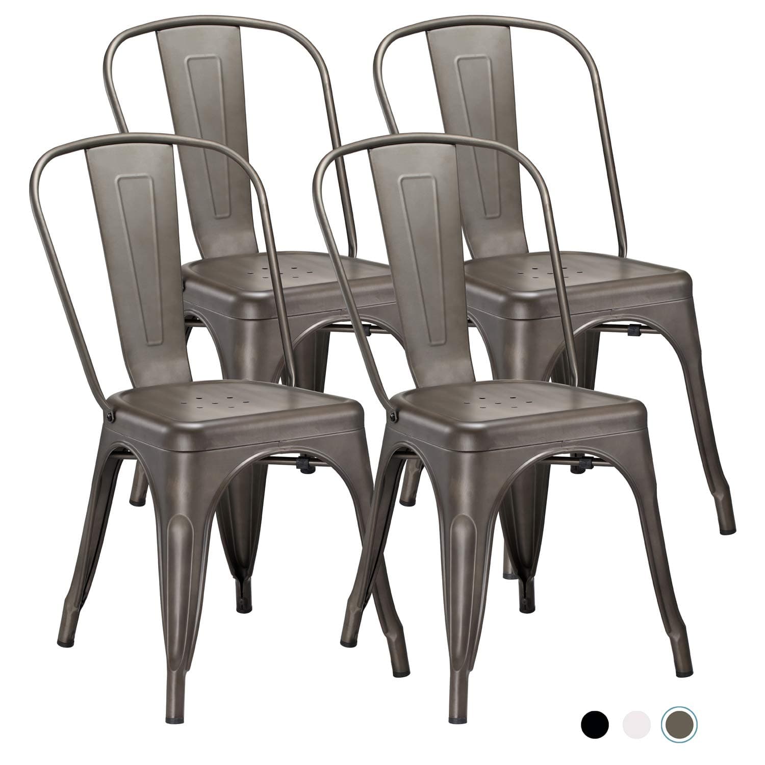 Metal Indoor-Outdoor Dining Chairs Stackable Chic Industrial Side Chairs Design Stools with Back Use for Kitchen Bistro Cafe Set of 4 (Gun Metal)