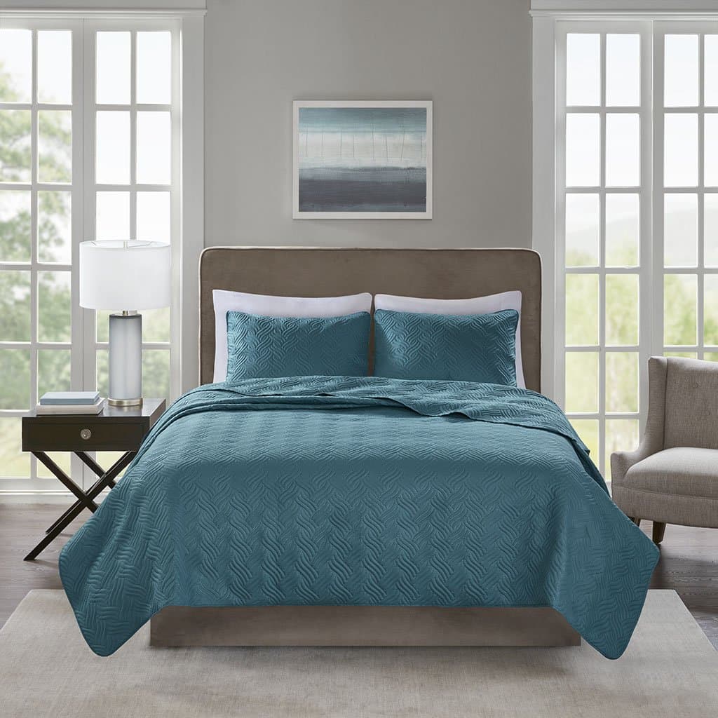510 Design Lucca 3 Piece Reversible Embossed Quilt Set Coverlet Bedding, King/California King, Teal