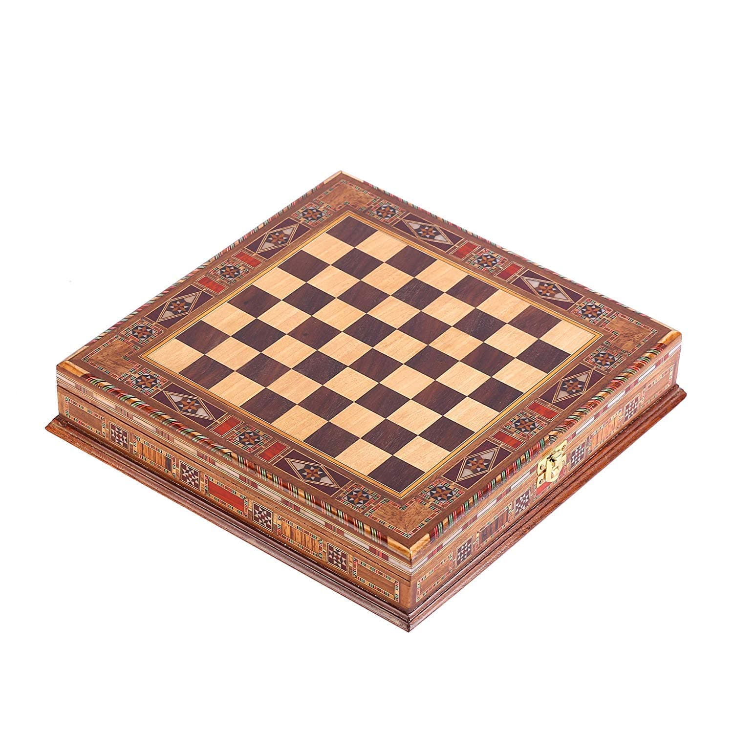 GiftHome Natural Solid Wooden Chess Board with Pearl Design Around Board and Storage Inside 15 x 15 x 2.5 inches (Just Board, Without Chess Pieces)