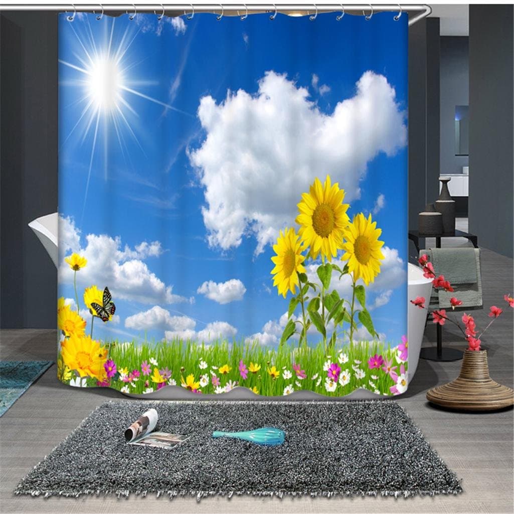 GFYWZ 3D Visual space Blue sky and white clouds Yellow flowers Beautiful views Digital printing Bathroom decorated 100%Polyester Waterproof and mildew Thickened Shower curtain Occlusion Curtains , 180*180cm