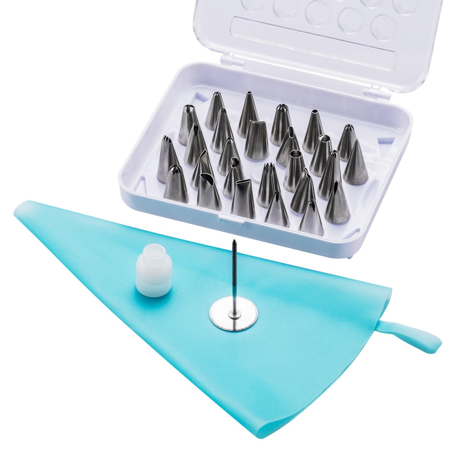 Cake Piping Tips, Decorating Supplies Kit, 26 Pcs Professional Stainless Steel DIY Icing Dispenser Nozzle with 1 Reusable Coupler, 1 Silicone Pastry Bag and 1 Flower Nail for Cupcakes Cookies