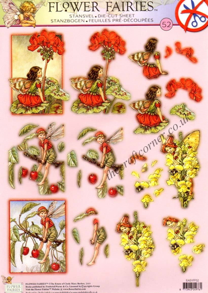 Geranium, Cherry Tree & Snapdragon Flower Fairy Die Cut 3d Decoupage Sheet - NO CUTTING