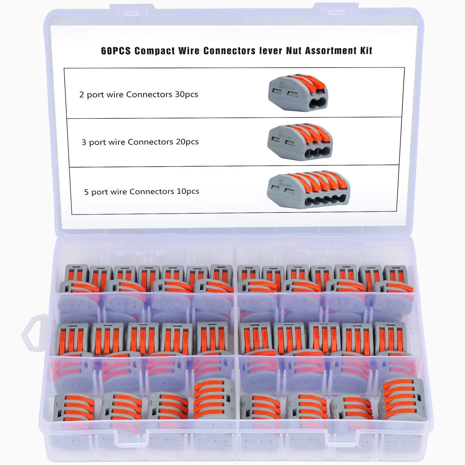 Aussel Compact Wire Connectors, Lever Nut Terminal Block, Wire Push Cable Connector Assortment Kit 2 3 5 Port, 60 Pieces
