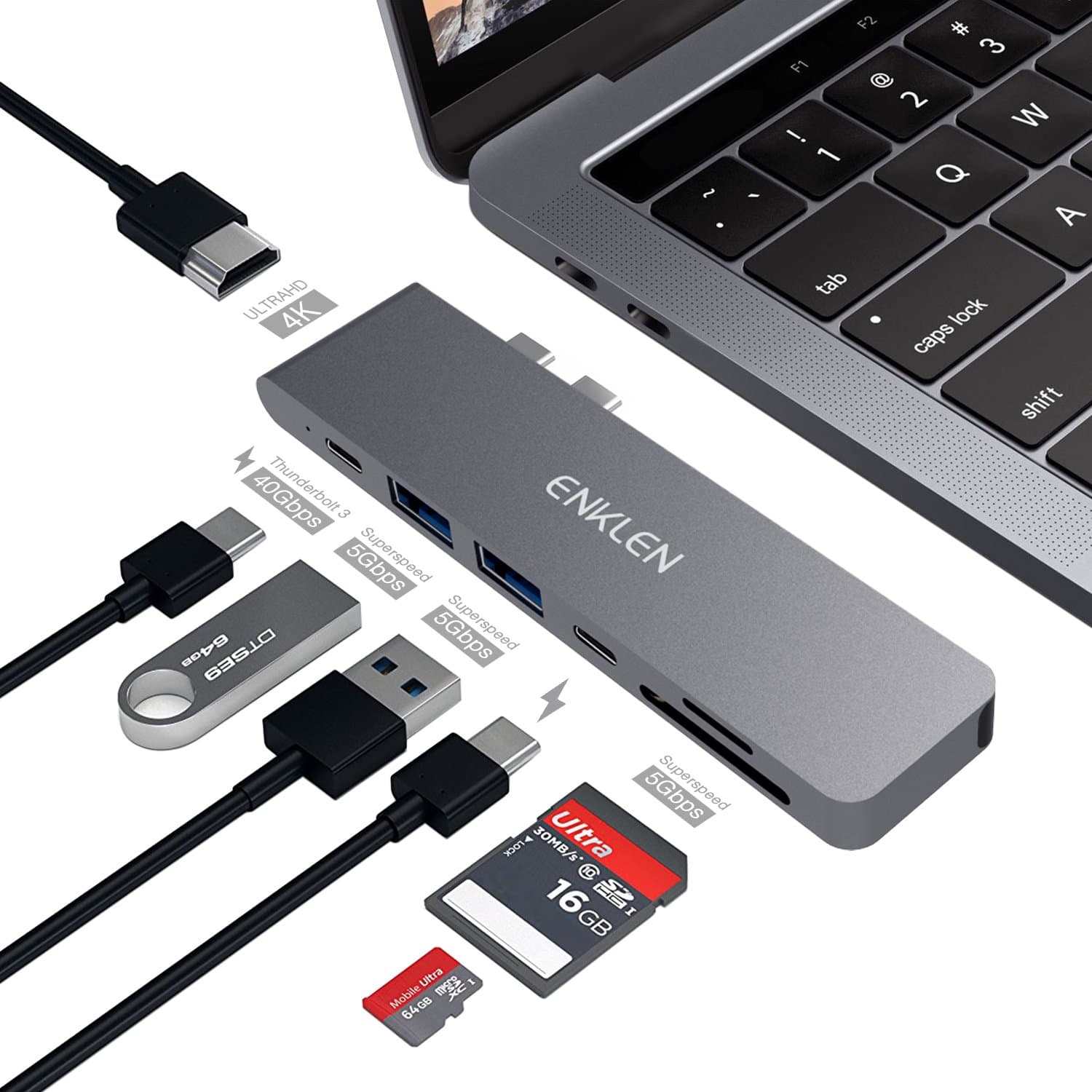 MacBook Pro Hub, ENKLEN 7 in 1 USB C Hub Adapter for MacBook Pro 2016/2017 with Thunderbolt 3 Port 5K@60Hz, HDMI Port, SD/Micro SD Card Reader, 2 USB 3.0 and Type C Charging Ports (Space Gray)