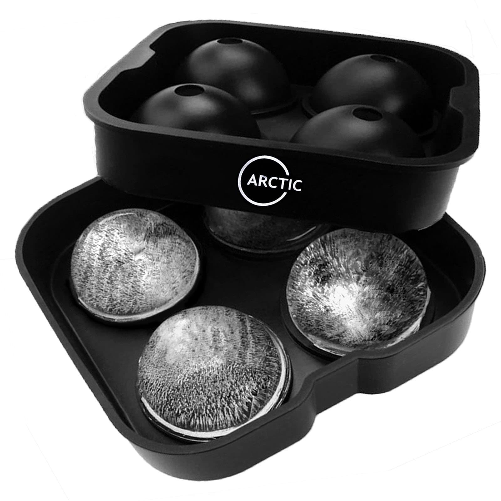 Fast-Release Ice Ball Maker - Premium Black Flexible Silicone Tray - Ice Ball Mould makes 4 Large Round Ice Spheres - by Arctic Circle
