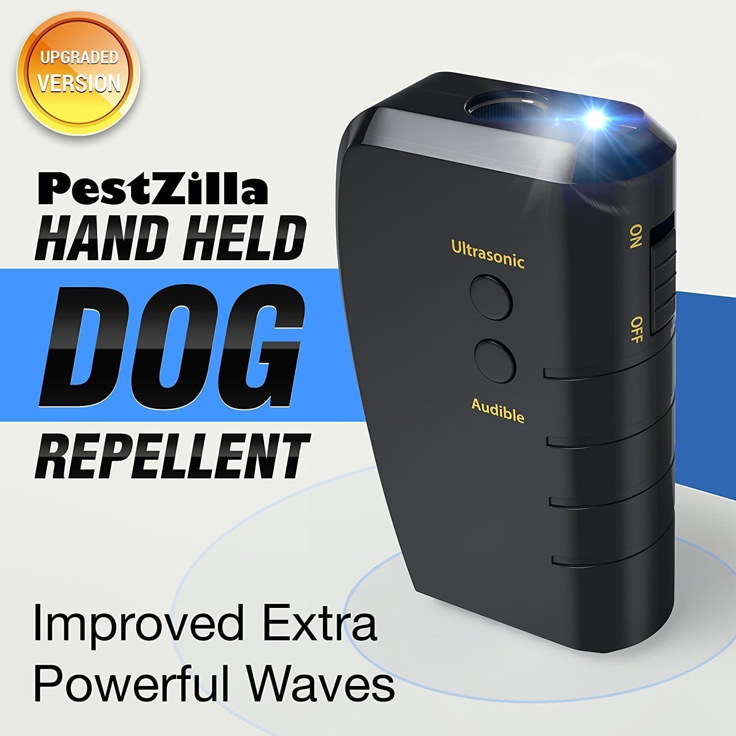 PestZilla Handheld Dog Repellent and Trainer with White LED Flashlight / Pocket size Ultrasonic Dog Deterrent and Bark Stopper + Dog Trainer Device [UPGRADED VERSION]