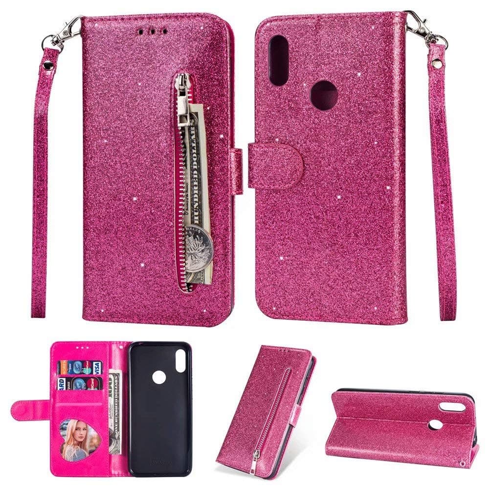Abtory Zipper Wallet Case for Galaxy A20S, PU Leather Flip Folio Stand Holders Kickstand Soft TPU Book Case Cover for Samsung Galaxy A20S Rose