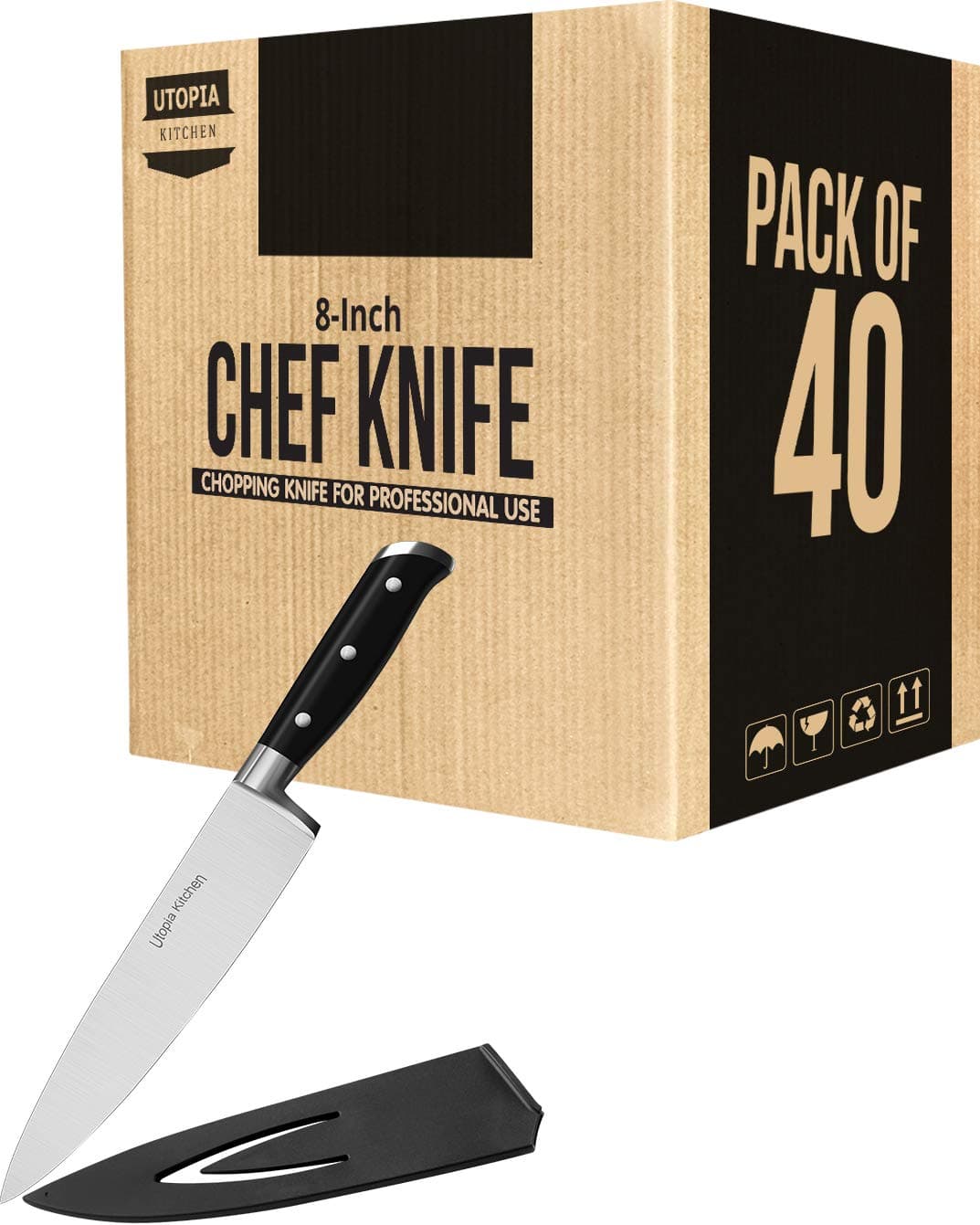 Utopia Kitchen Chef Knife 8 Inches Carbon Stainless Steel Kitchen Knife with Sheath and Ergonomic Handle (Bulk Pack of 40)