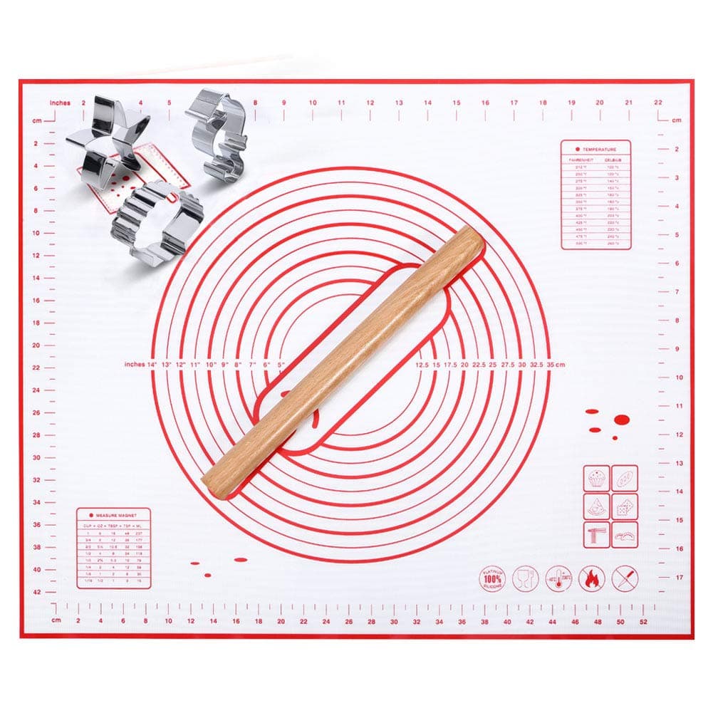 Silicone Pastry Mat - Non Slip Extra Large Silicone Baking Mats with Measurements 24" X 20" Dough Rolling Mat Pastry Sheet Silicone Rolling Mat with Christmas Cookie Cutters,Wood Rolling Pin