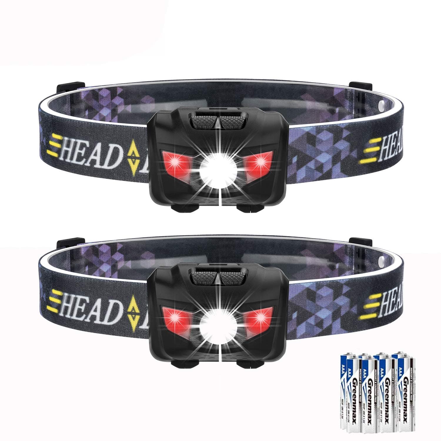 Akale Headlamp, Led headlight 165 Lumens White & Red Light, 3 x AAA Batteries Operated, Waterproof Head Light for Running, Perfect for Runners, Lightweight, Waterproof, Adjustable Headband 2 PACK