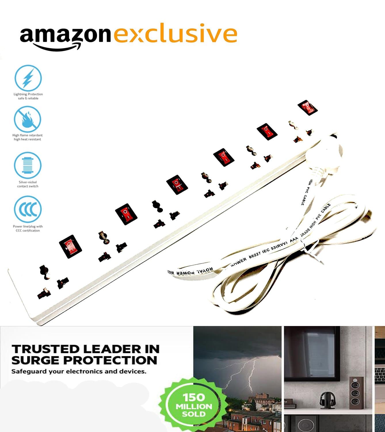 Cripston Lotus Stripe Heavy Duty 6 Universal Socket Surge Protector Extension Cord with Individual Switches & Led Indicator Smart Fuse Device Control | Universal Socket | 440v 5 Years Guarantee