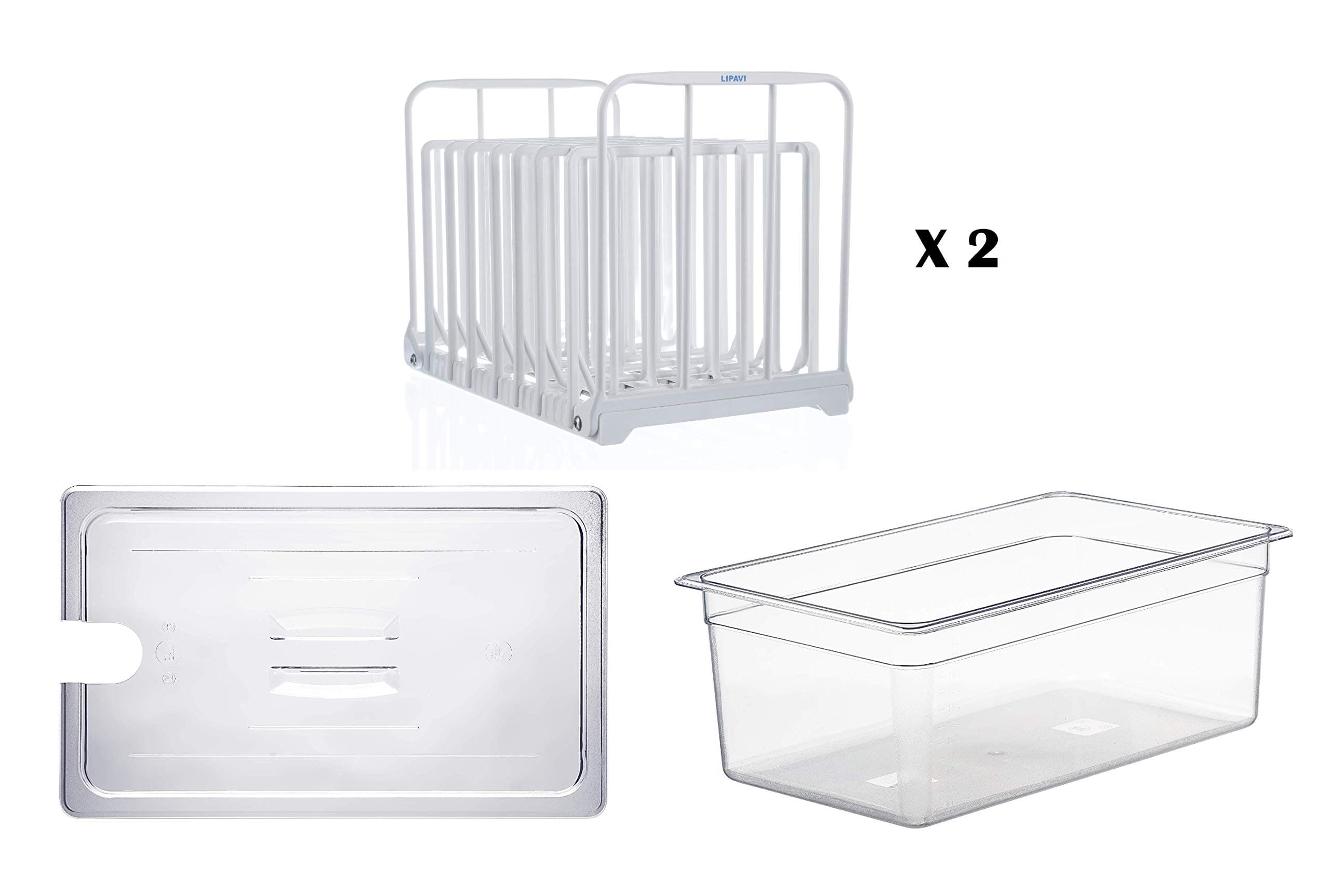 LIPAVI C20 Container with one Rack and Lid - 26 quart Container - one N20X Sous Vide Rack Adjustable, Collapsible, Ensures even warming White Polycarbonate with 316L Stainless steel weights - Lid tailor-made for Anova Precision