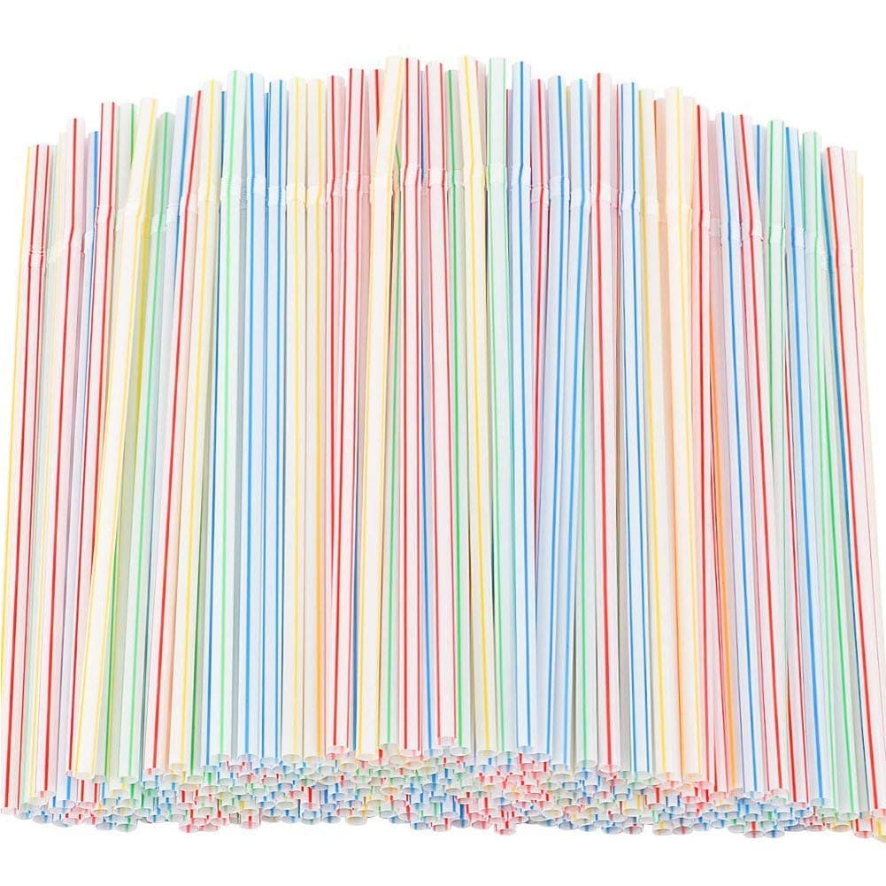 Flexible Plastic Straws 300 Pack - Striped Multi Colored BPA-Free Disposable Bendy Straw 8" Long - by YANGTE