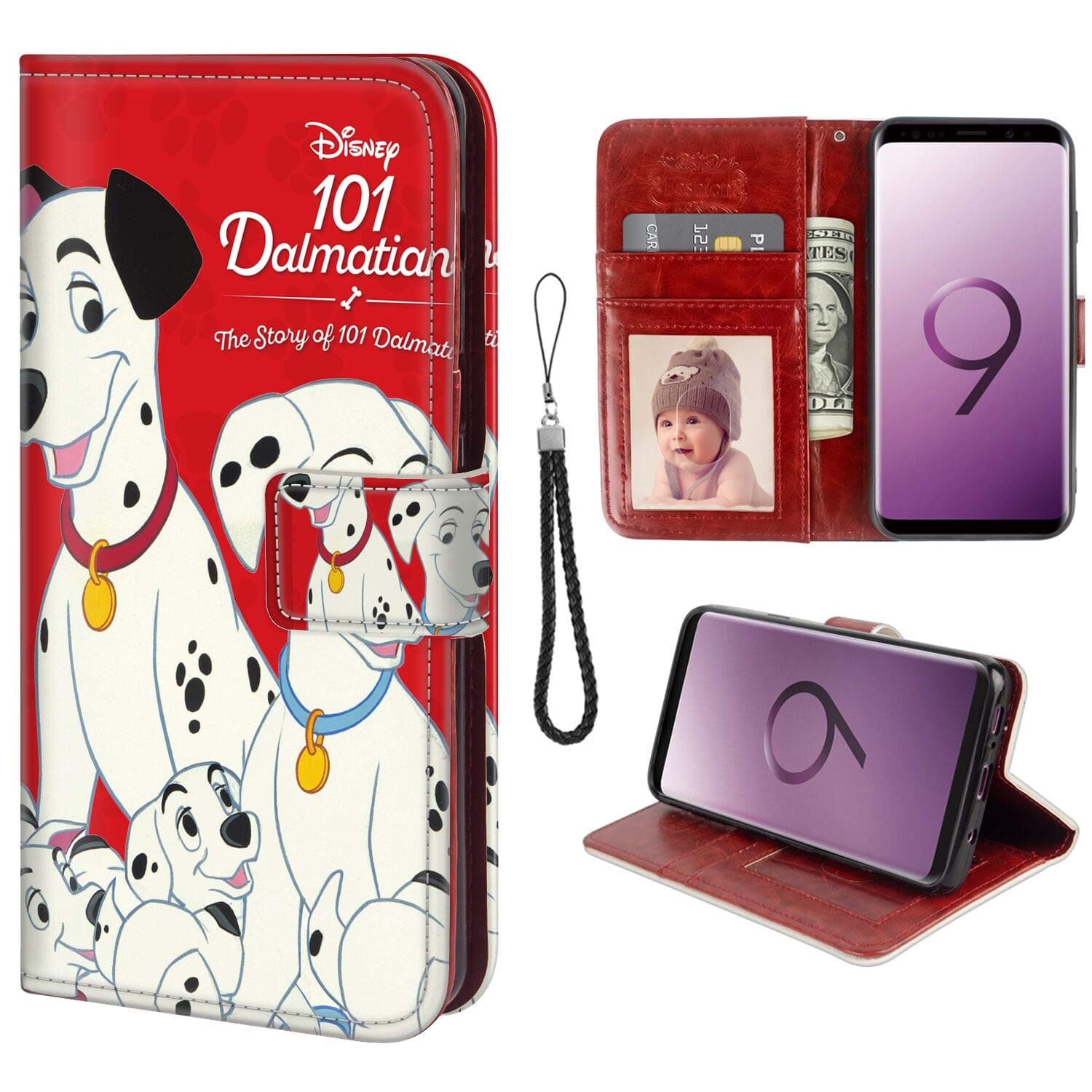 DISNEY COLLECTION Compatible Samsung Galaxy S9 Wallet Case with 101 Dalmatians Pattern Design Magnetic Closure Folio Flip with Card Holder and Wrist Strap
