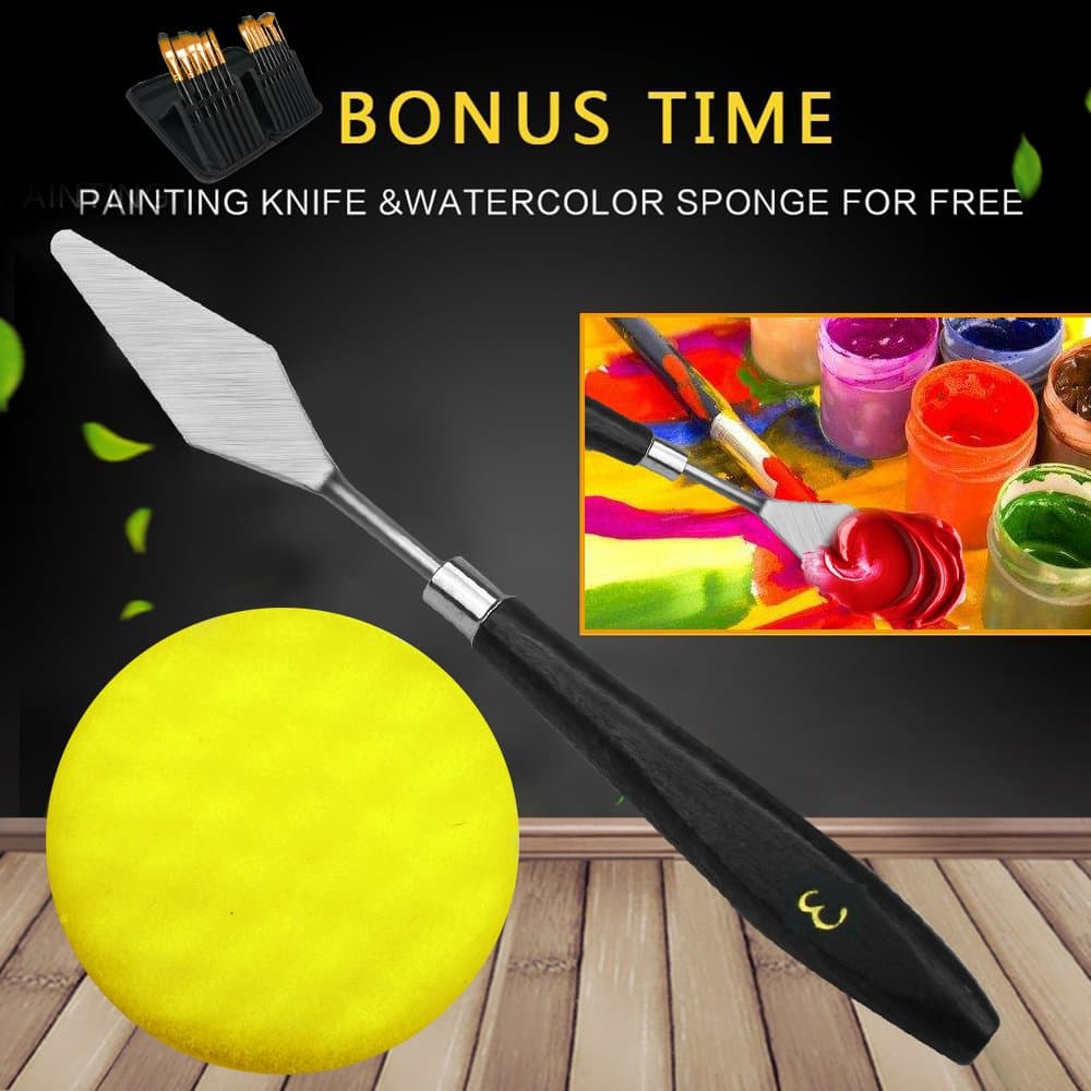 15 pcs Painting Brushes Set Art Paint Brush Kit with Case,Painting Knife,Watercolor Sponge and Palette for Painter Artist Painting,Wooden Handle Brush