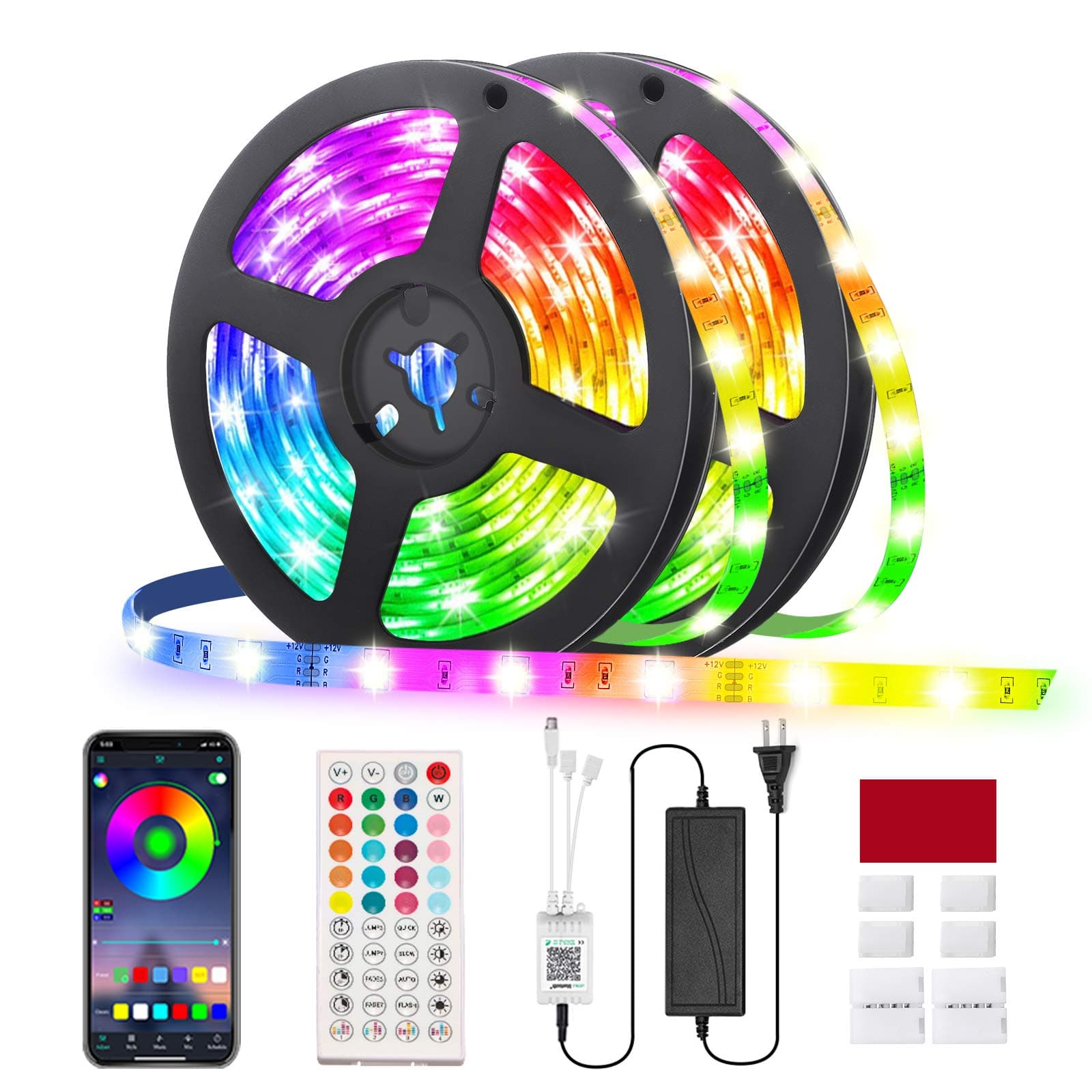 RGB Led Strip Lights 32.8ft,GLIME 10m Led Strips with App Controlled & Music Sync, 5050 Flexible Color Changing Led Strip Lights 44 Keys IR Remote for Bedroom Kitchen Party Bar DIY Decoration