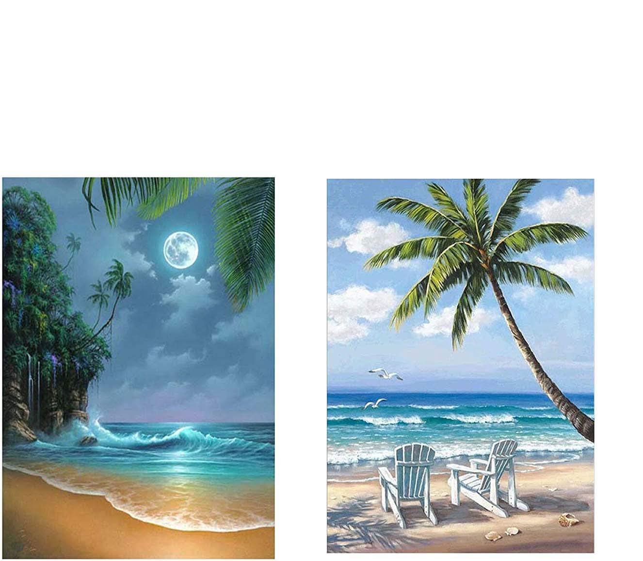 2 Pack DIY 5D Diamond Painting Night Beach and Coconut Beach by Number Kits Bimkole Paint with Diamonds Arts Supply Canvas Craft Home Wall Decor, 12x16inch
