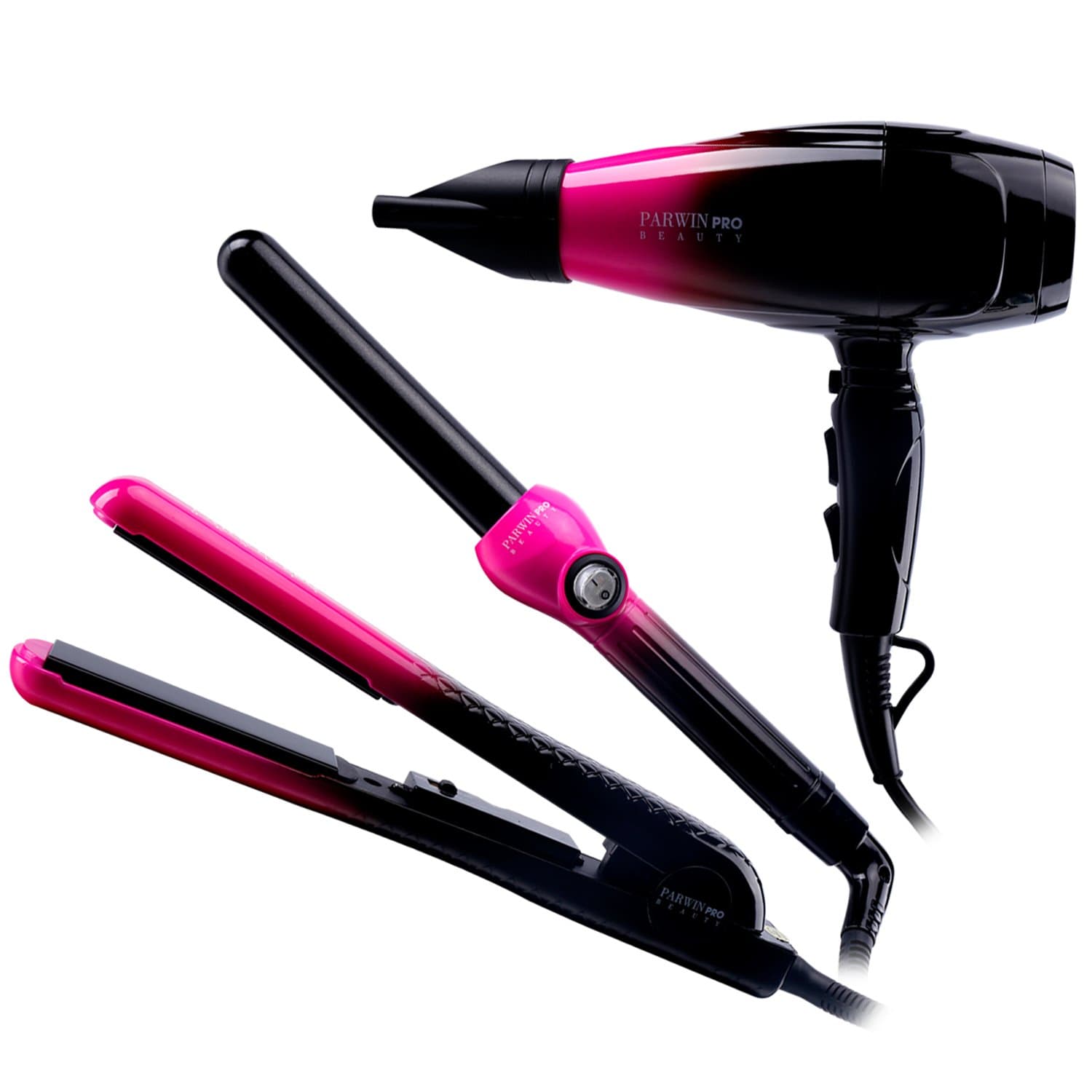 PARWIN BEAUTY Professional Multi-styling Toolkit - 1875W Multi-control Hair Dryer & Tourmaline Ceramic Floating Plate Flat Iron & Ceramic Curling Iron, Hot Pink/Black