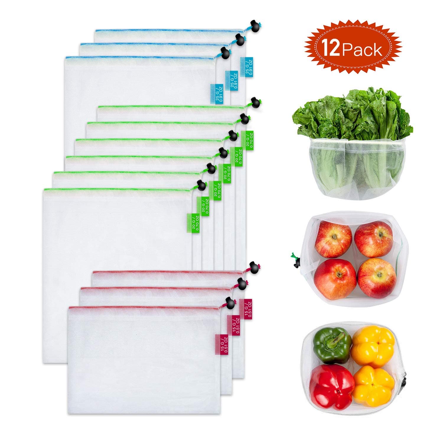 Invool 12pcs Reusable Mesh Produce Bags, Washable Drawstring Toggle Eco Friendly Bags, for Fruit,Vegetables and Grocery Shopping Storage Toys(3L+6M+3s)