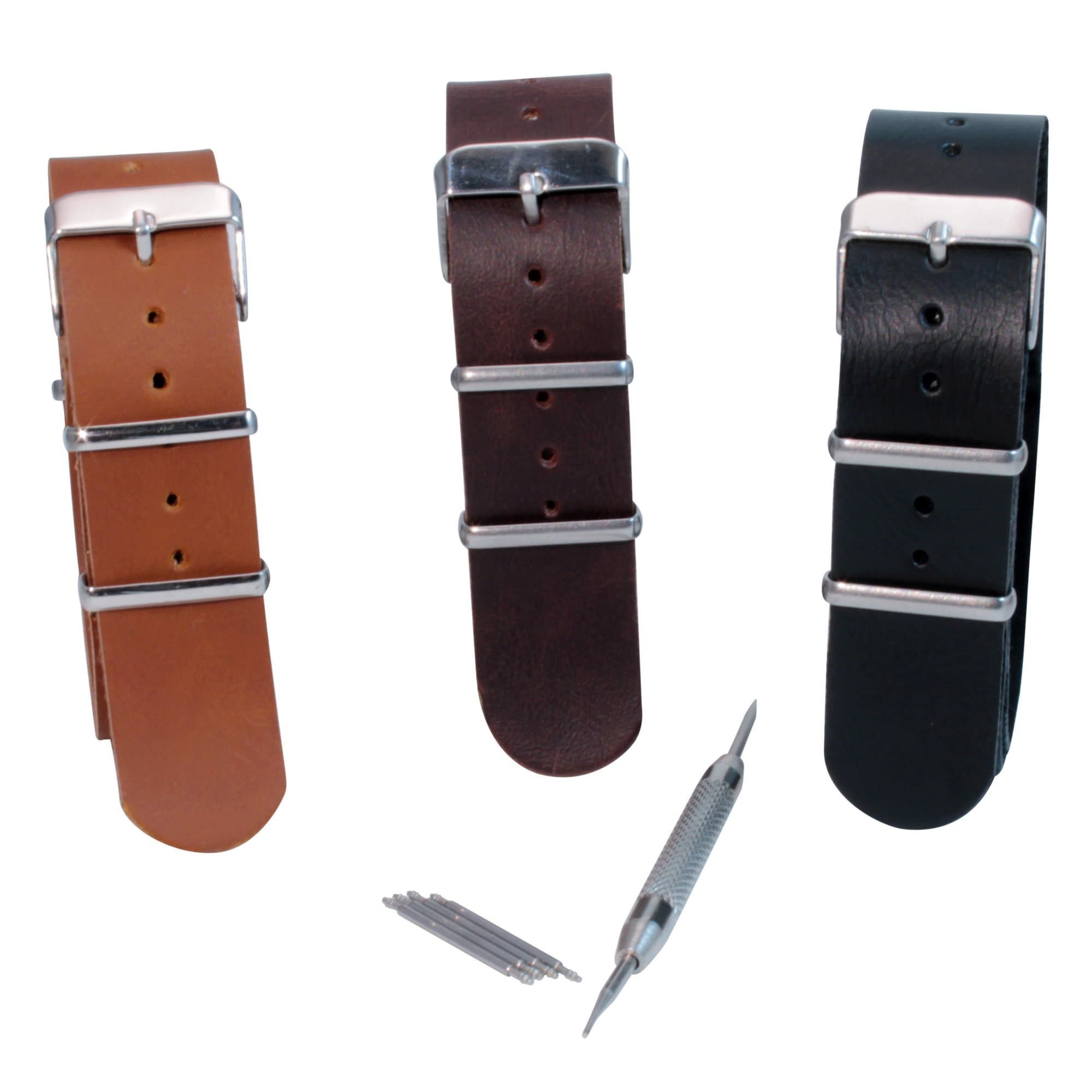 22mm Synthetic Leather 3 Pack Strap with Spring bar Tool and 4 Spring Bars - Barron Watch Company [BWC]