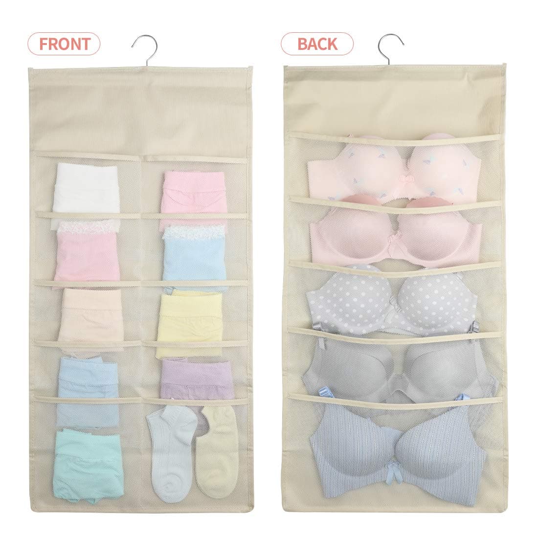 Closet Hanging Organizer with Pockets, Dual Sided Wall Shelf Wardrobe Organizers Storage Bags,Oxford Cloth Space Saver Bag with Hanger for Bra Underwear Underpants Shoes Socks (Big 15 Pocket, Beige)