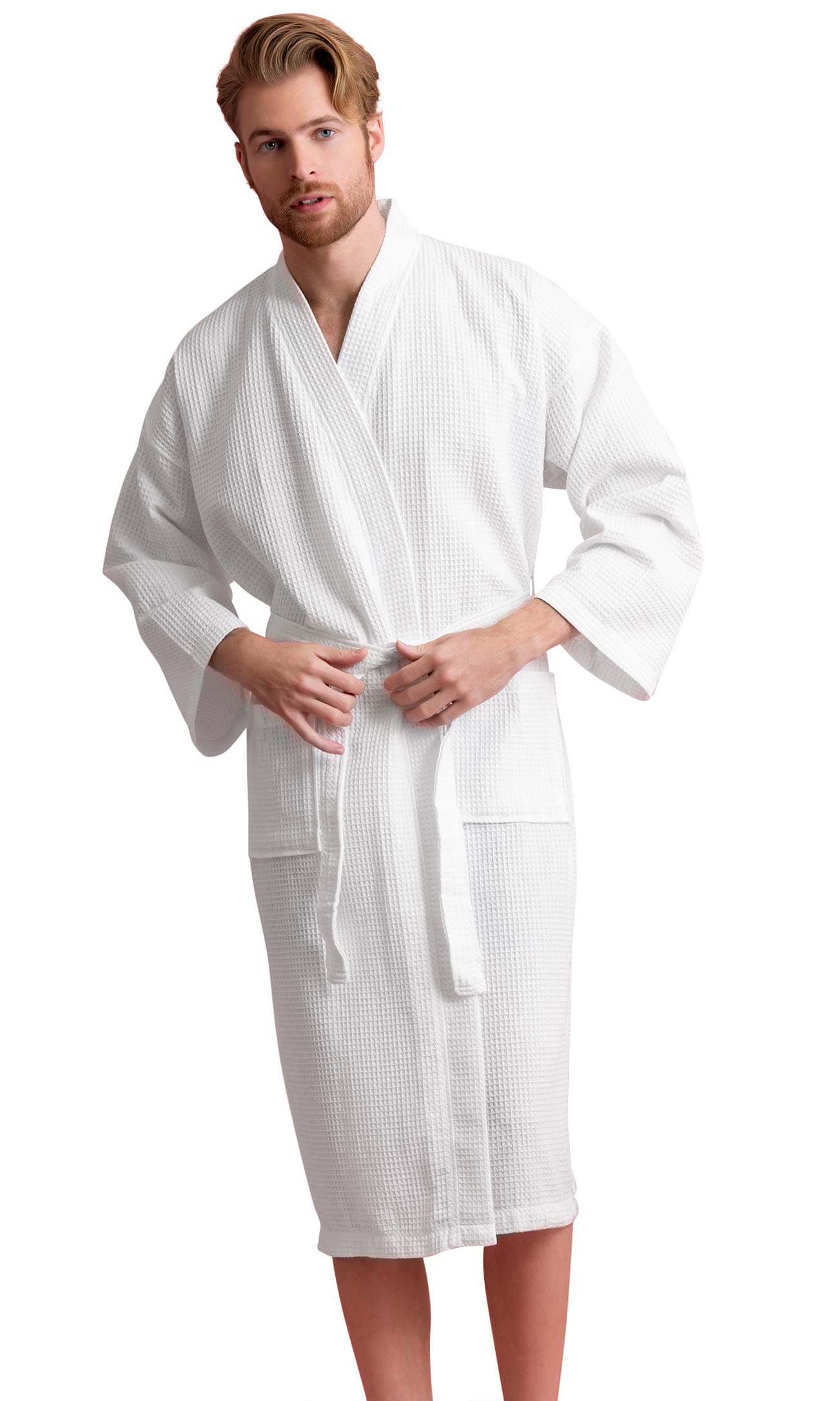 Soft Touch LinenHandsome Waffle Spa Bathrobe for Men. Luxurious Square Pattern Premium Cotton