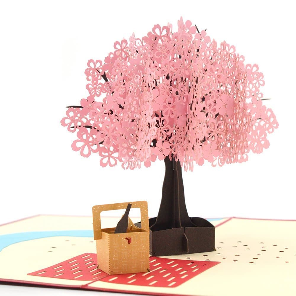 Adofect Handmade Cherry Blossom Pop Up Card, 3D Card, Springtime Card, Birthday Card, Dating Card for Husband, Wife, Boyfriend, Girlfriend (Cherry Blossom & Picnic Basket)