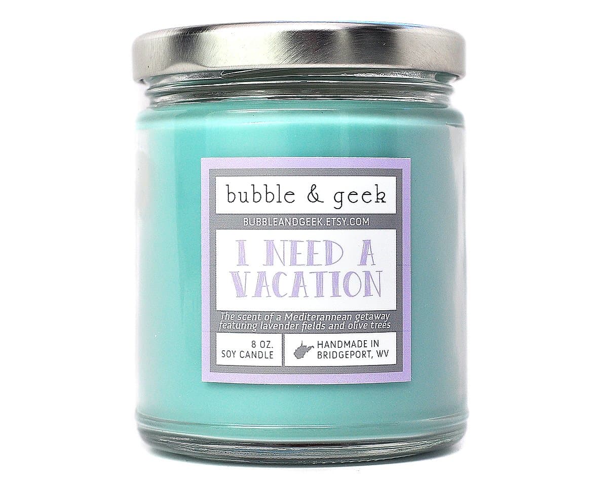 Bubble and Geek "I Need a Vacation" Scented Soy Candle, 8 oz Jar, Handmade in the USA, Mediterranean sea, lavender, olive trees