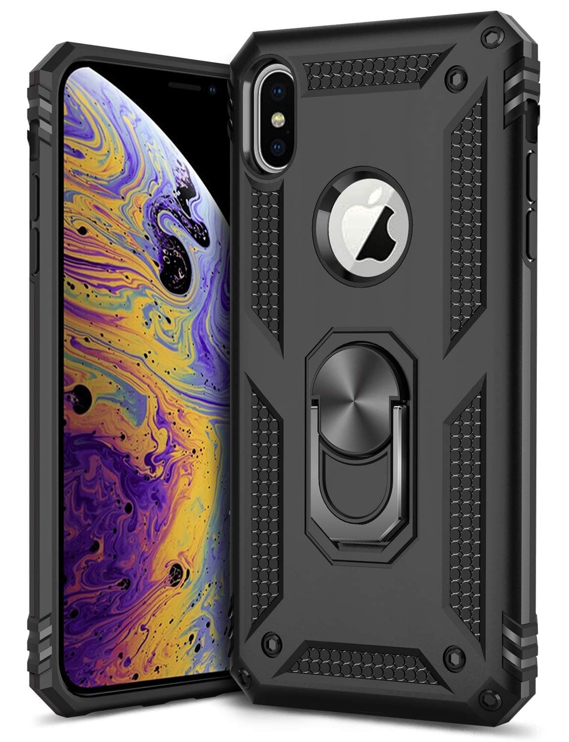 GREATRULY Ring Kickstand Phone Case for iPhone Xs Max 6.5 Inch,Heavy Duty Dual Layer Drop Protection Case,Hard Shell + Soft TPU + Ring Stand Fits Magnetic Car Mount,Black