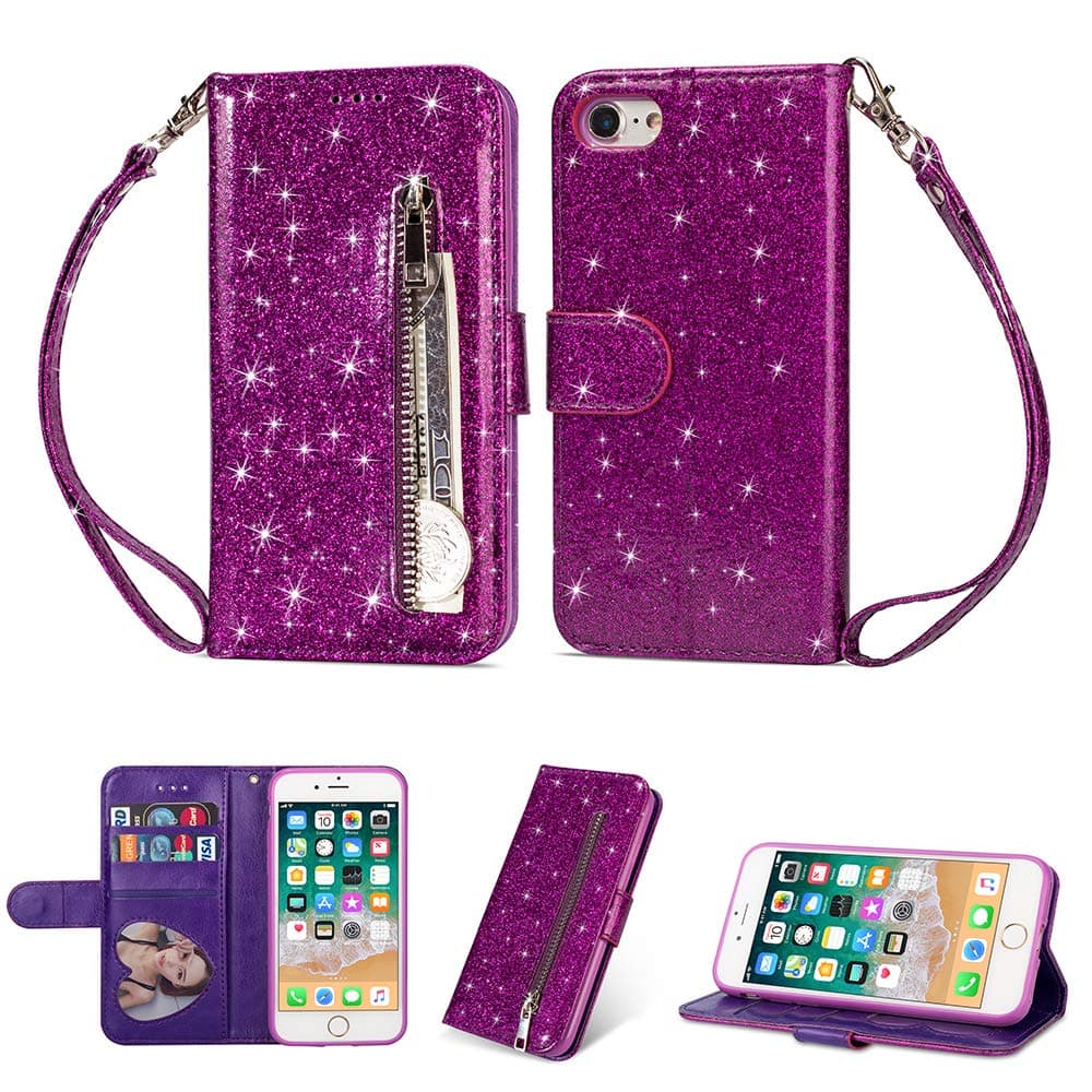 KANTAS iPhone 6S Plus/6 Plus Glitter Zipper Wallet Case, Bling Sparkle PU Leather Book Cover with Card Slots Kickstand Function Magnetic Closure Flip Case for iPhone 6S Plus/6 Plus (5.5"), Purple