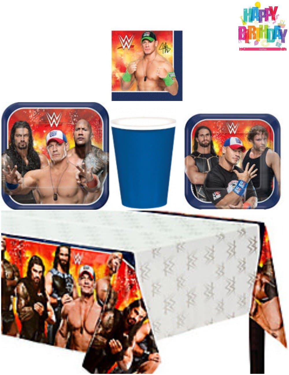 Sturdy Style WWE Birthday Party Supplies Pack Kit Bundle for 8 Guests - Lunch Plates, Dessert Plates, Lunch Napkins, Cups, and a Table Cover