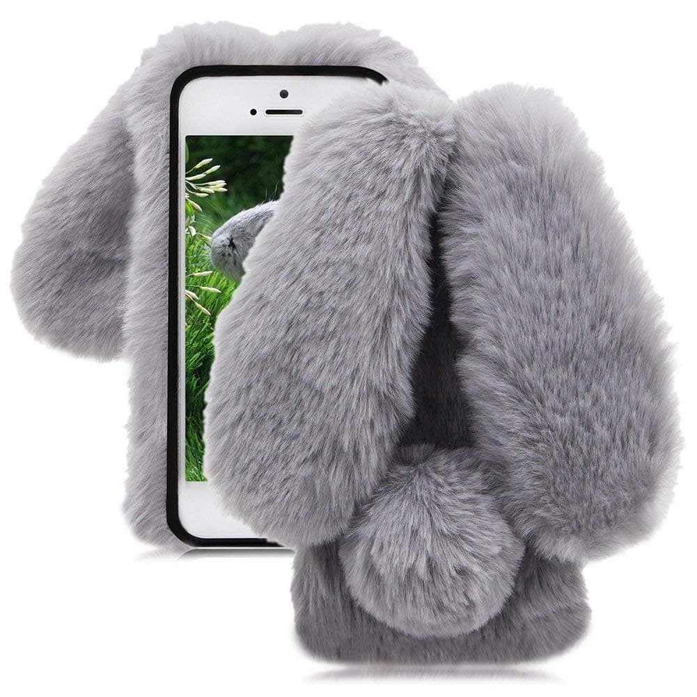 dudubaobei Plush Furry Case for iPhone X, for iPhone XS Case with Fluffy Ears Rabbit Pompom Tail, Super Soft Warm Fuzzy Cute Bunny Hairy Girls Cover with Bling Diamond Camera Bumper