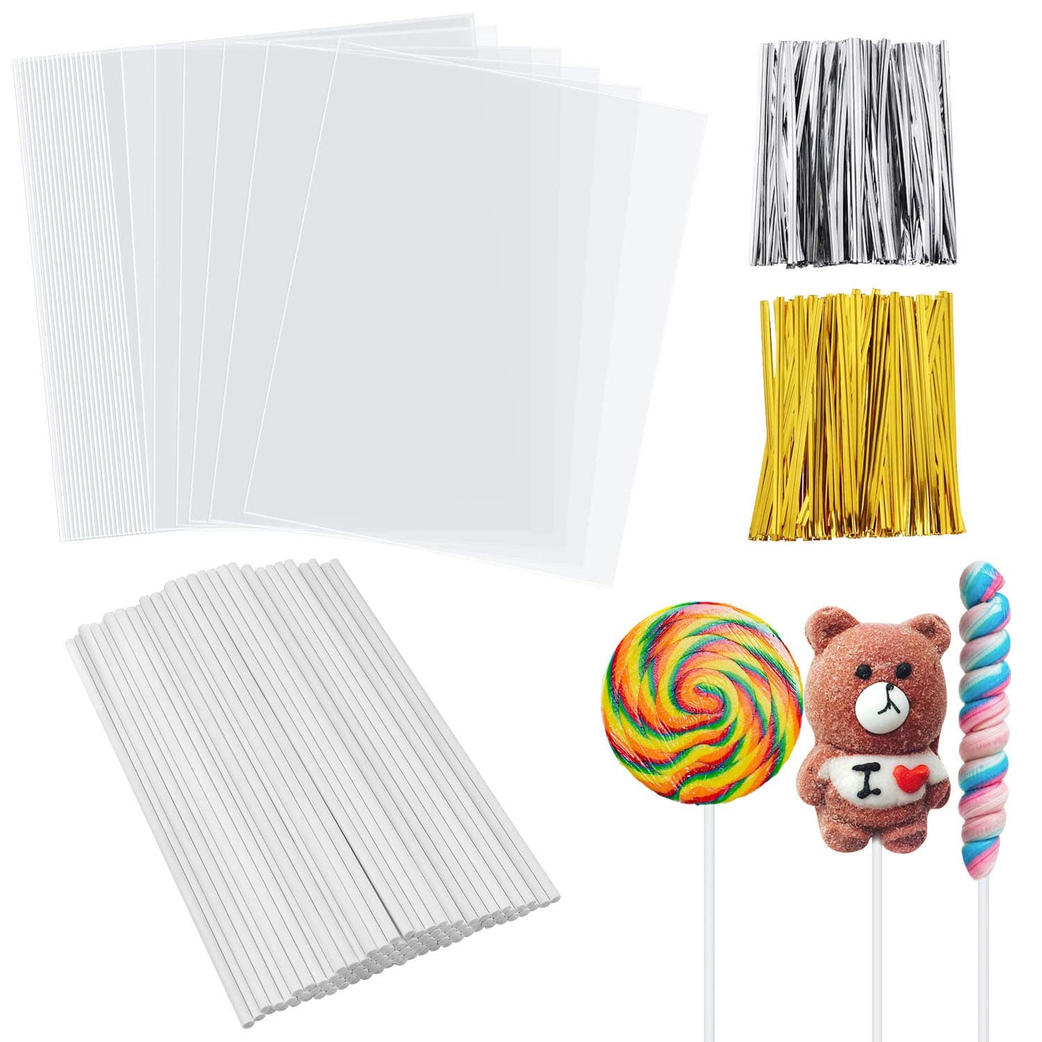SelfTek Cake Pops Making Tools 100Pcs Large Lollipop Bags 100Pcs Paper Sticks and 140 Pcs Twist Ties in 2 Colors (Gold and Silver) Black Friday & Cyber Monday Promotion