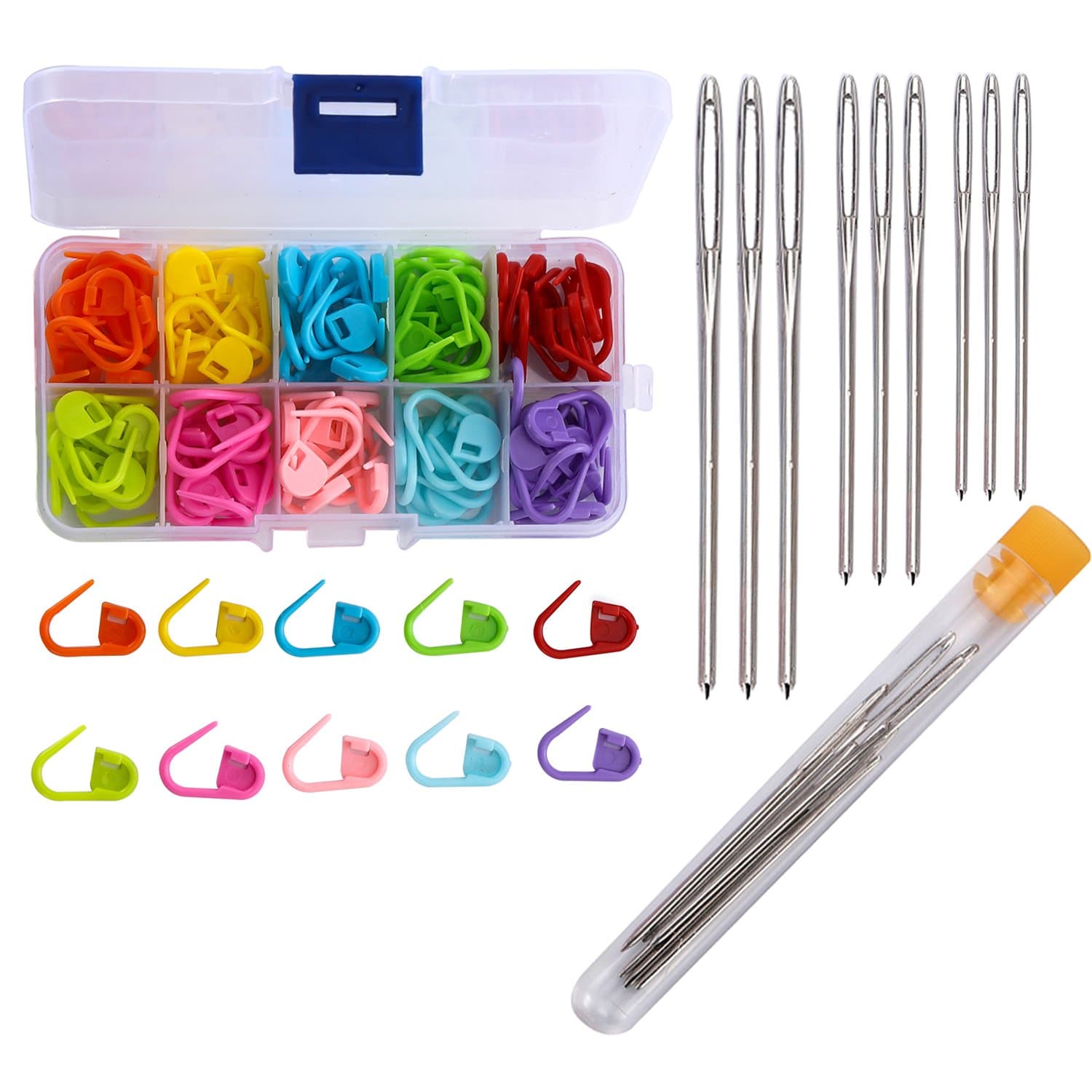 Umsole 120 Locking Stitch Markers Knitting Counter and 9 Large-Eye Blunt Quilting Yarn Sewing Tapestry Darning Crafting Weaving Stringing Needles,3 Sizes
