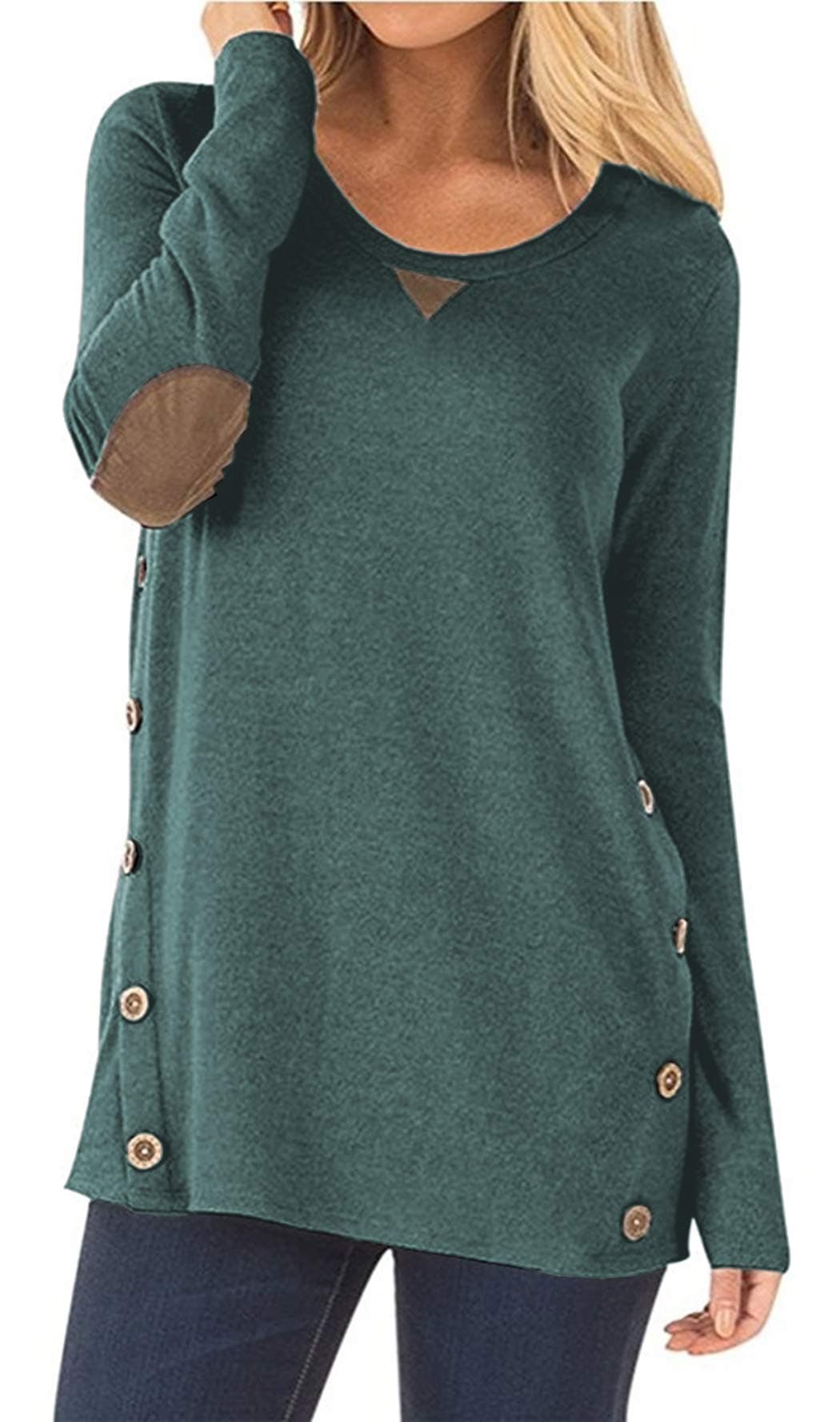 iGENJUN Women's Side Buttons Long Sleeve Tunic Sweater Elbow Patched Loose Blouse Tops
