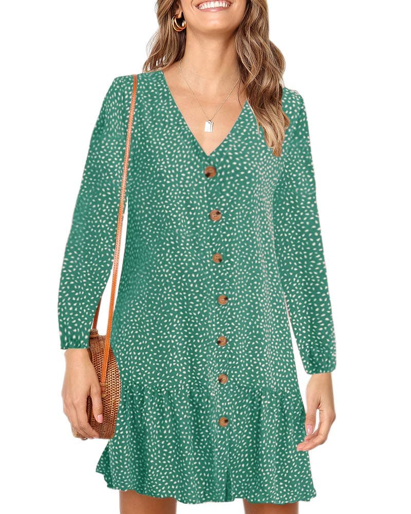 Imysty Womens Polka Dot V Neck Button Down Ruffles Loose Mini Short T-Shirt Dress