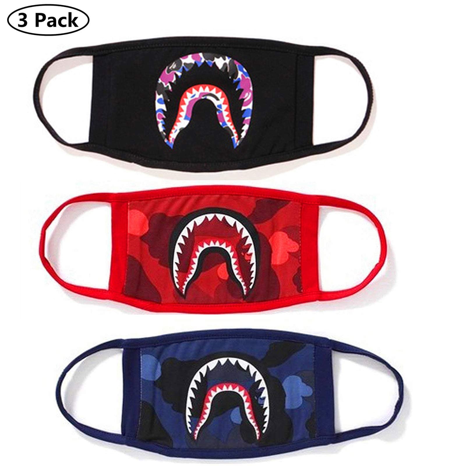 NF orange 4 Pack Shark Black Red Blue Mouth Face Mask Cotton Mouth-Muffle.(Black Red Blue Green)